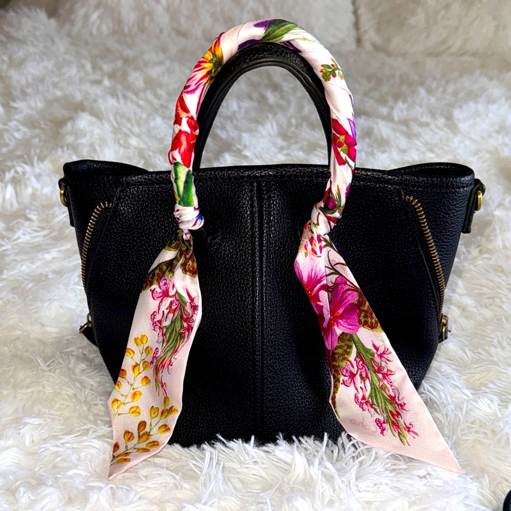 Elegant Black Handbag with Floral Scarf